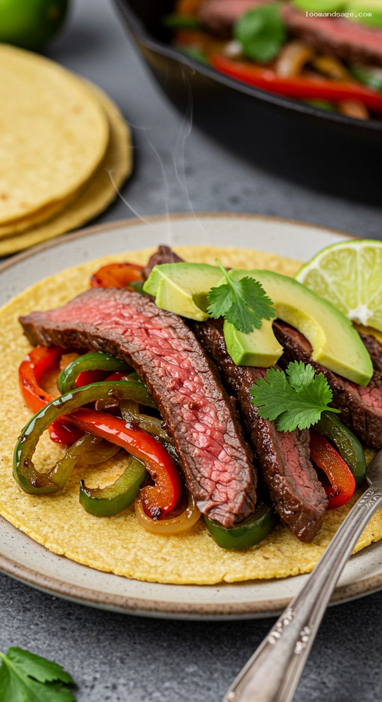 Gluten-Free Sizzling Steak Fajitas with Peppers and Lime – Closeup