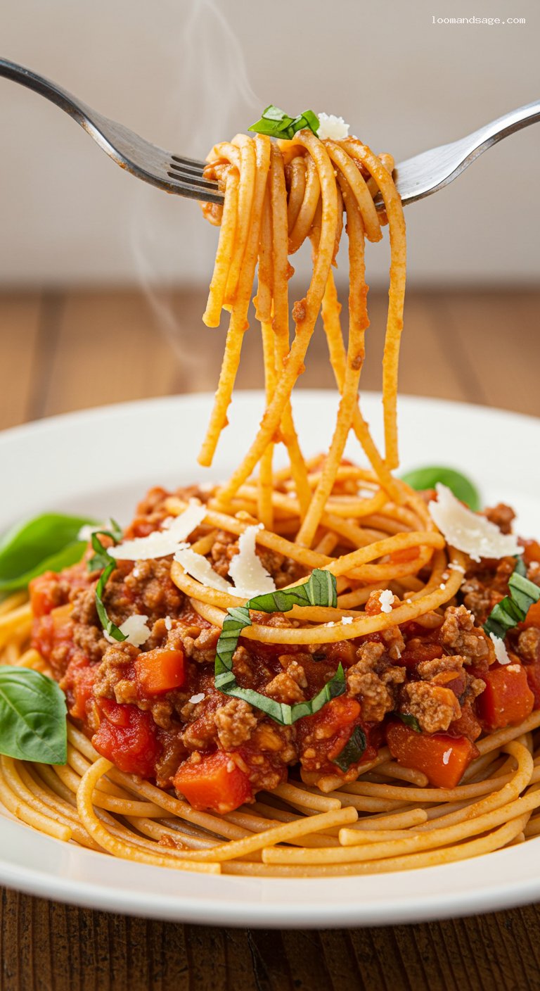 Gluten-Free Spaghetti Bolognese with Parmesan and Basil – Closeup