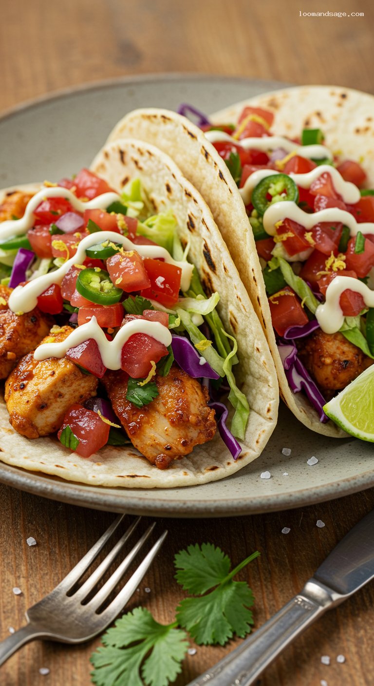 Gluten-Free Street-Style Chicken Tacos with Lime Crema – Closeup