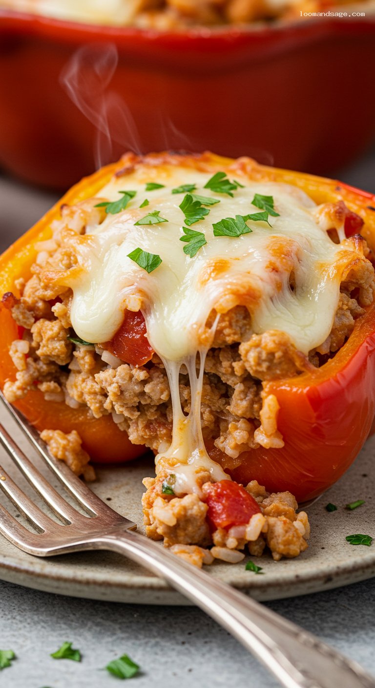 Gluten-Free Stuffed Bell Peppers with Turkey and Rice – Closeup