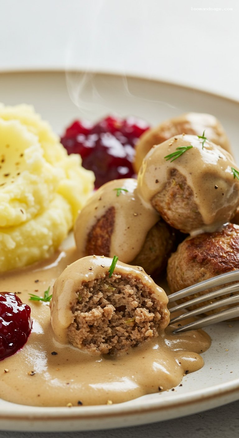 Gluten-Free Swedish Meatballs with Creamy Gravy and Lingonberry – Closeup