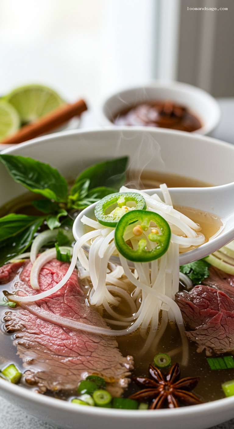 Gluten-Free Vietnamese Beef Pho with Rice Noodles – Closeup