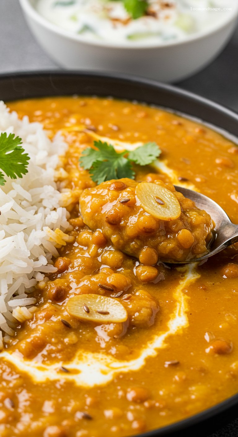 Gluten-Free Weeknight Red Lentil Dal with Raita – Closeup