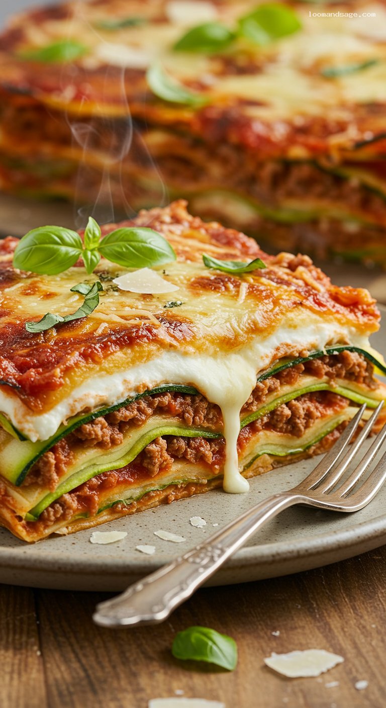 Gluten-Free Zucchini Lasagna with Ricotta and Meat Sauce – Closeup