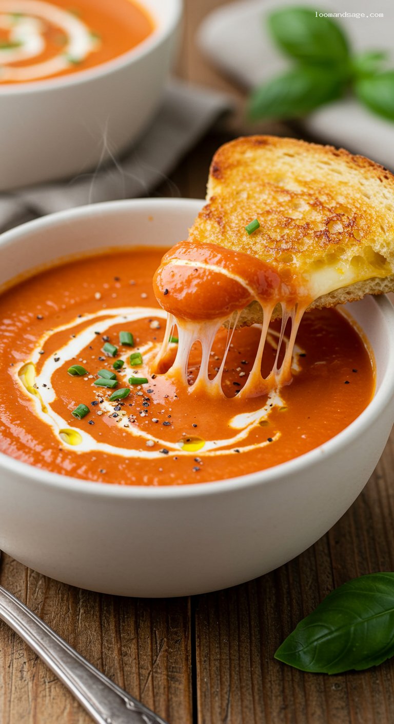 Grilled Cheese with Quick Tomato Soup – Closeup