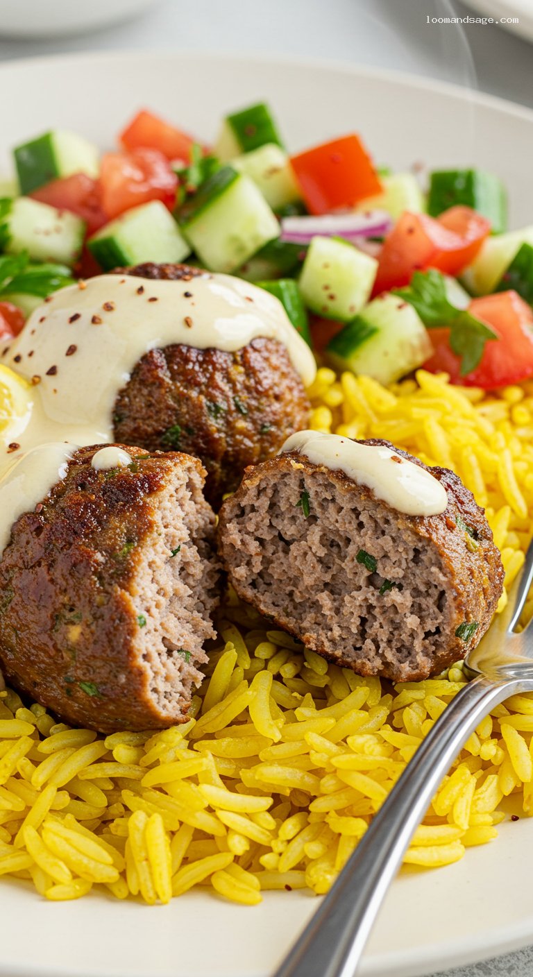 Grilled Lamb Kofta with Turmeric Rice and Lemon-Tahini – Closeup