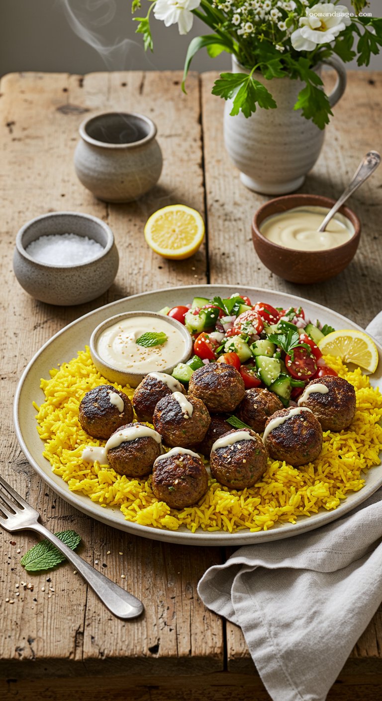 Grilled Lamb Kofta with Turmeric Rice and Lemon-Tahini