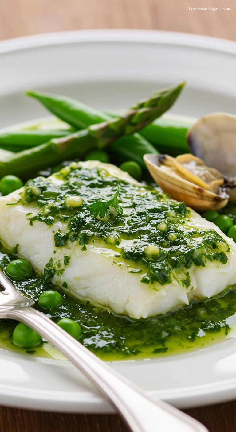 Hake in Salsa Verde with Peas and Asparagus – Closeup