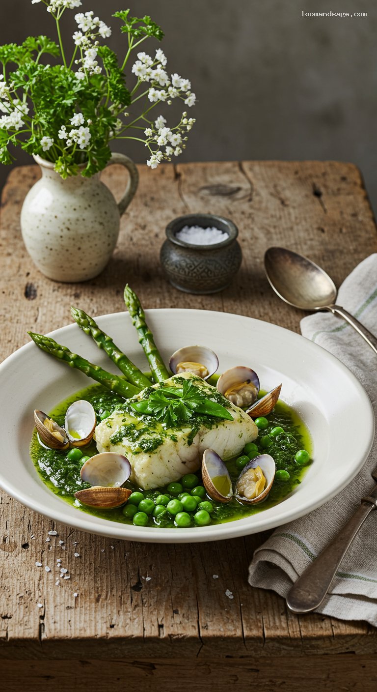 Hake in Salsa Verde with Peas and Asparagus