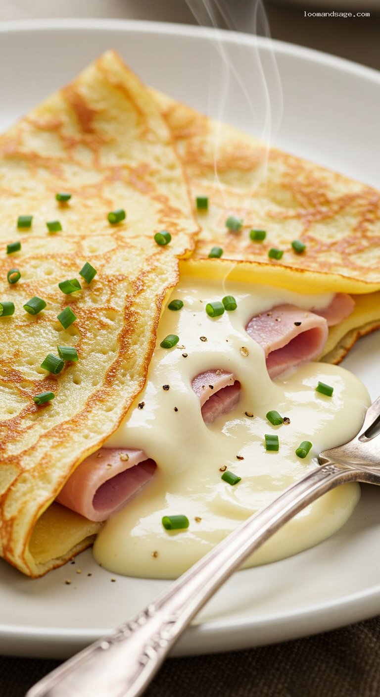 Ham and Gruyère Crêpes with Silky Béchamel – Closeup