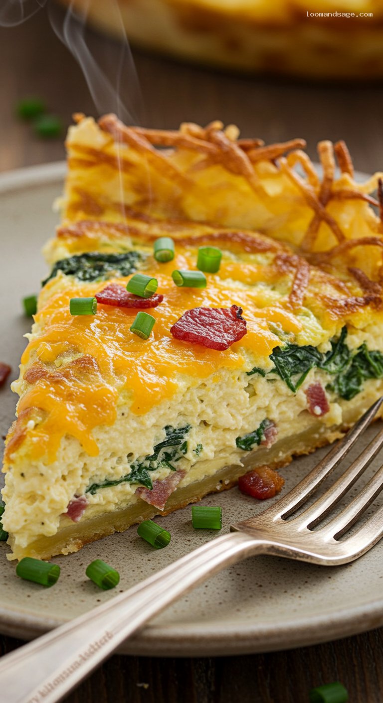 Hash Brown Crusted Quiche with Bacon, Spinach, and Cheddar – Closeup