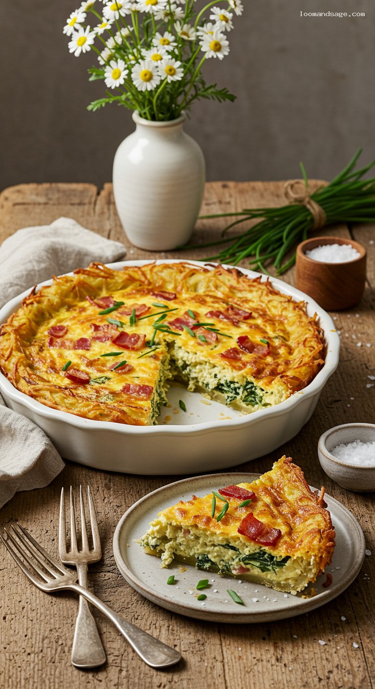 Hash Brown Crusted Quiche with Bacon, Spinach, and Cheddar