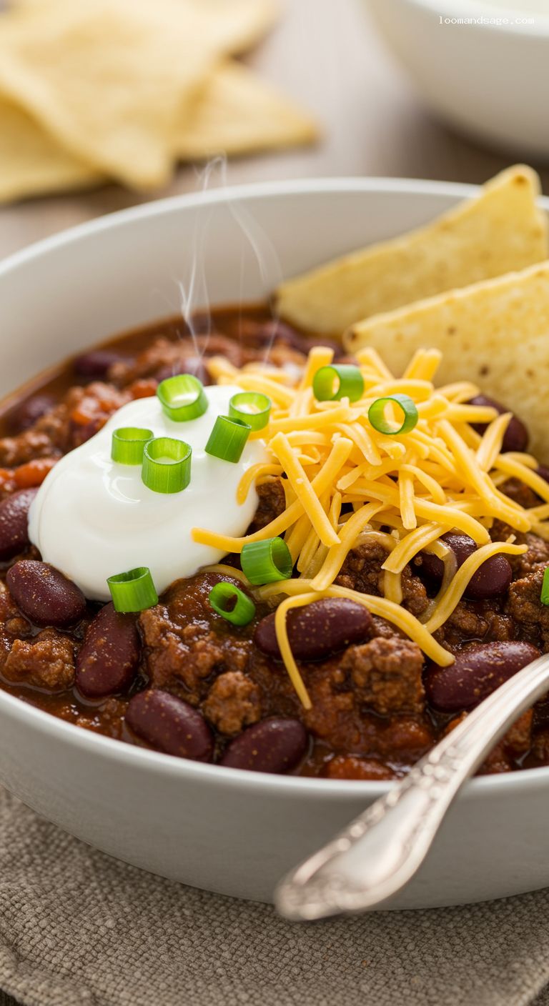 Hearty Beef and Bean Chili with Cheddar Toppings – Closeup