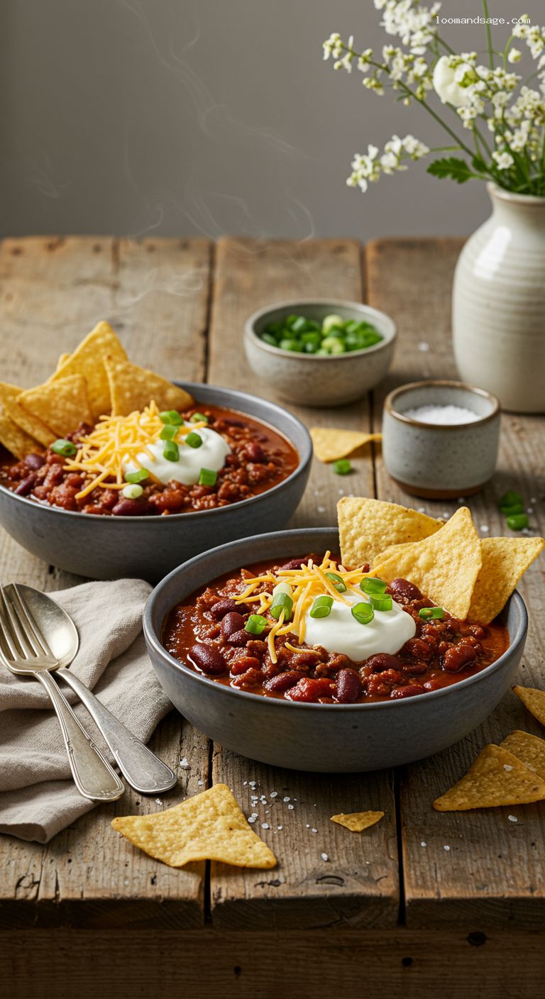 Hearty Beef and Bean Chili with Cheddar Toppings