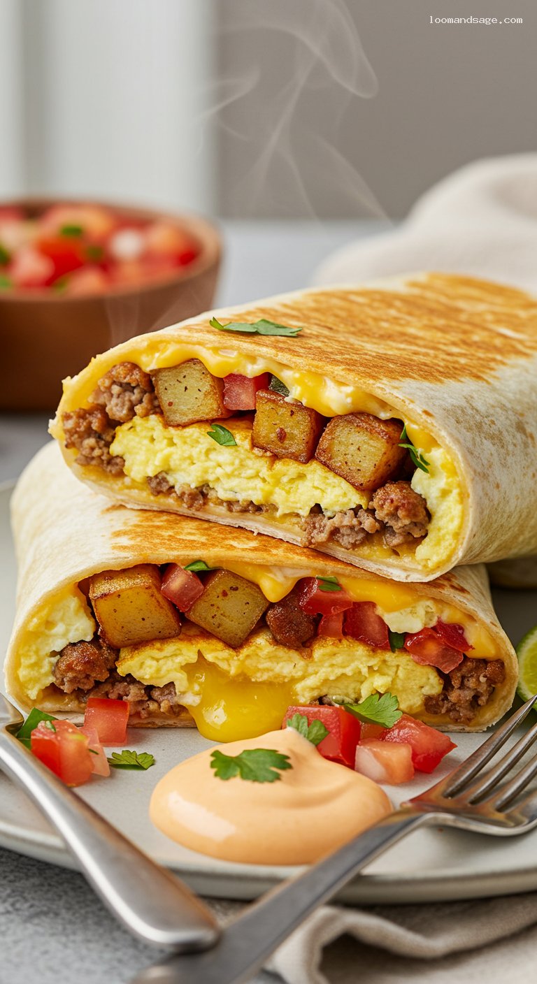 Hearty Breakfast Burritos with Eggs, Potatoes, and Chipotle Crema – Closeup