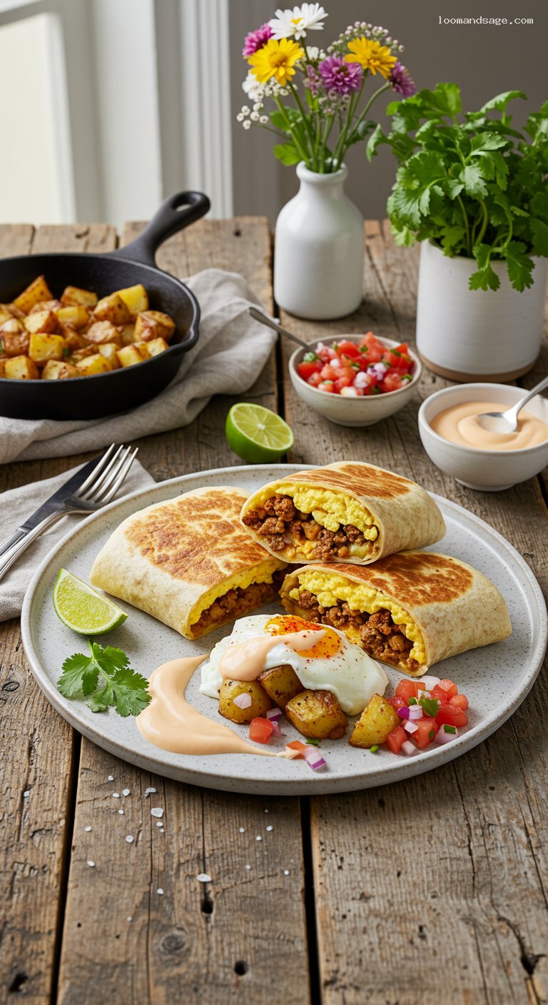 Hearty Breakfast Burritos with Eggs, Potatoes, and Chipotle Crema