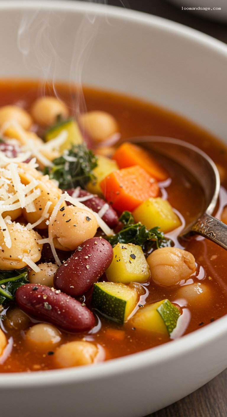 Hearty Minestrone Soup with Beans and Greens – Closeup