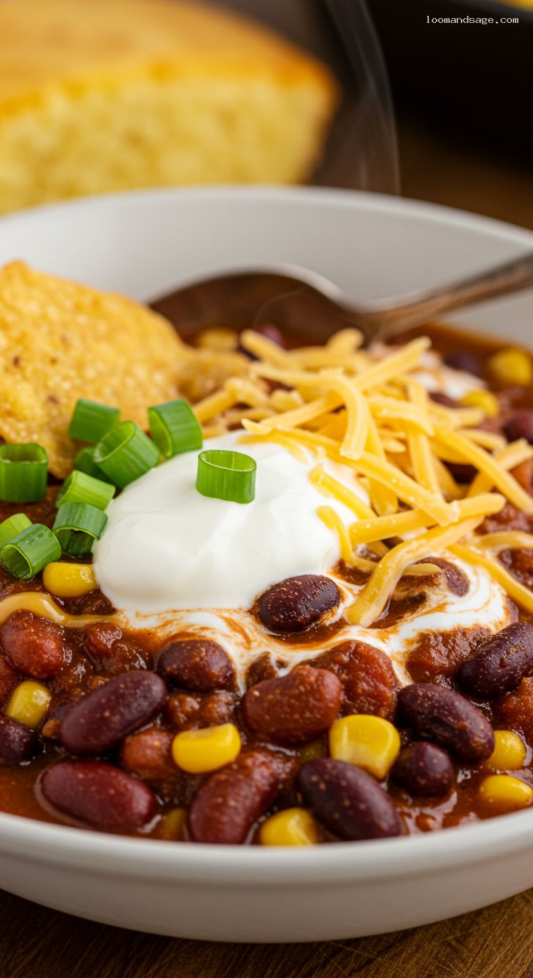 Hearty Three-Bean Chipotle Vegetarian Chili with Cornbread – Closeup
