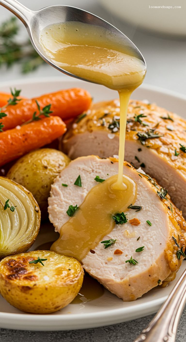 Herb Butter Roast Chicken with Pan Gravy and Vegetables – Closeup