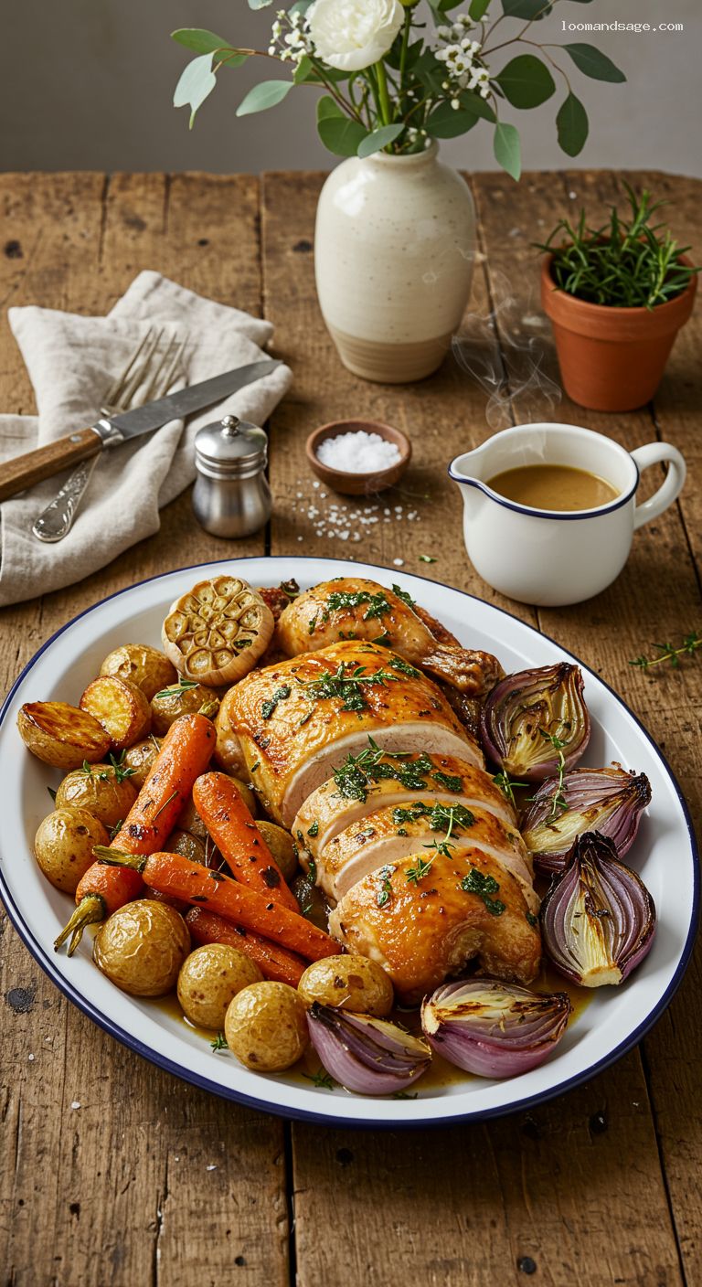 Herb Butter Roast Chicken with Pan Gravy and Vegetables