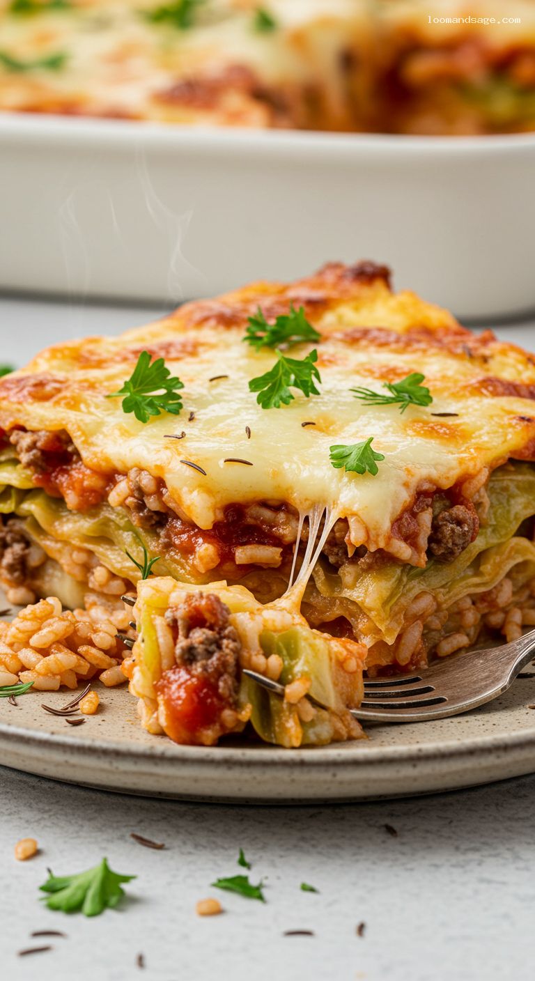 Herbed Beef and Cabbage Roll Casserole – Closeup
