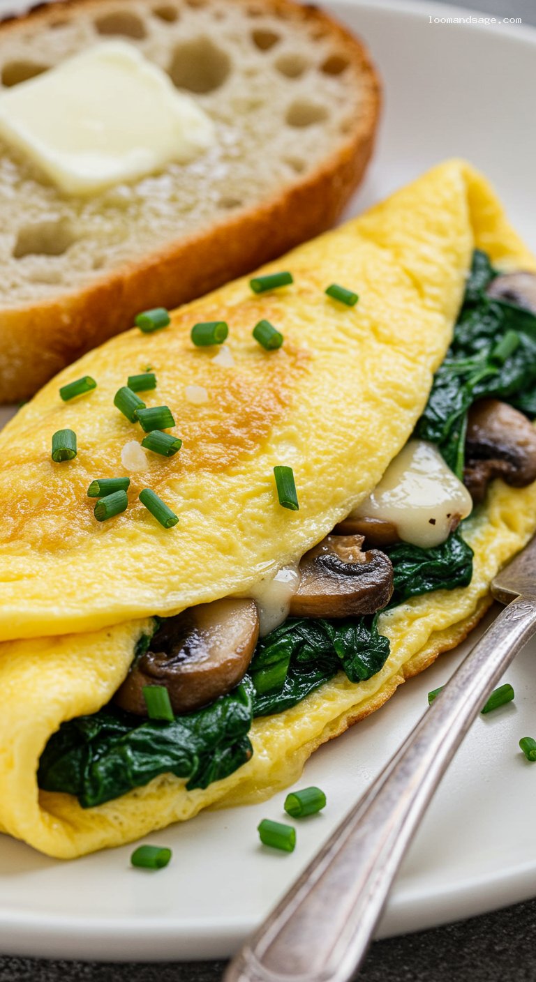 Herbed Spinach Mushroom Omelette with Melty Swiss – Closeup