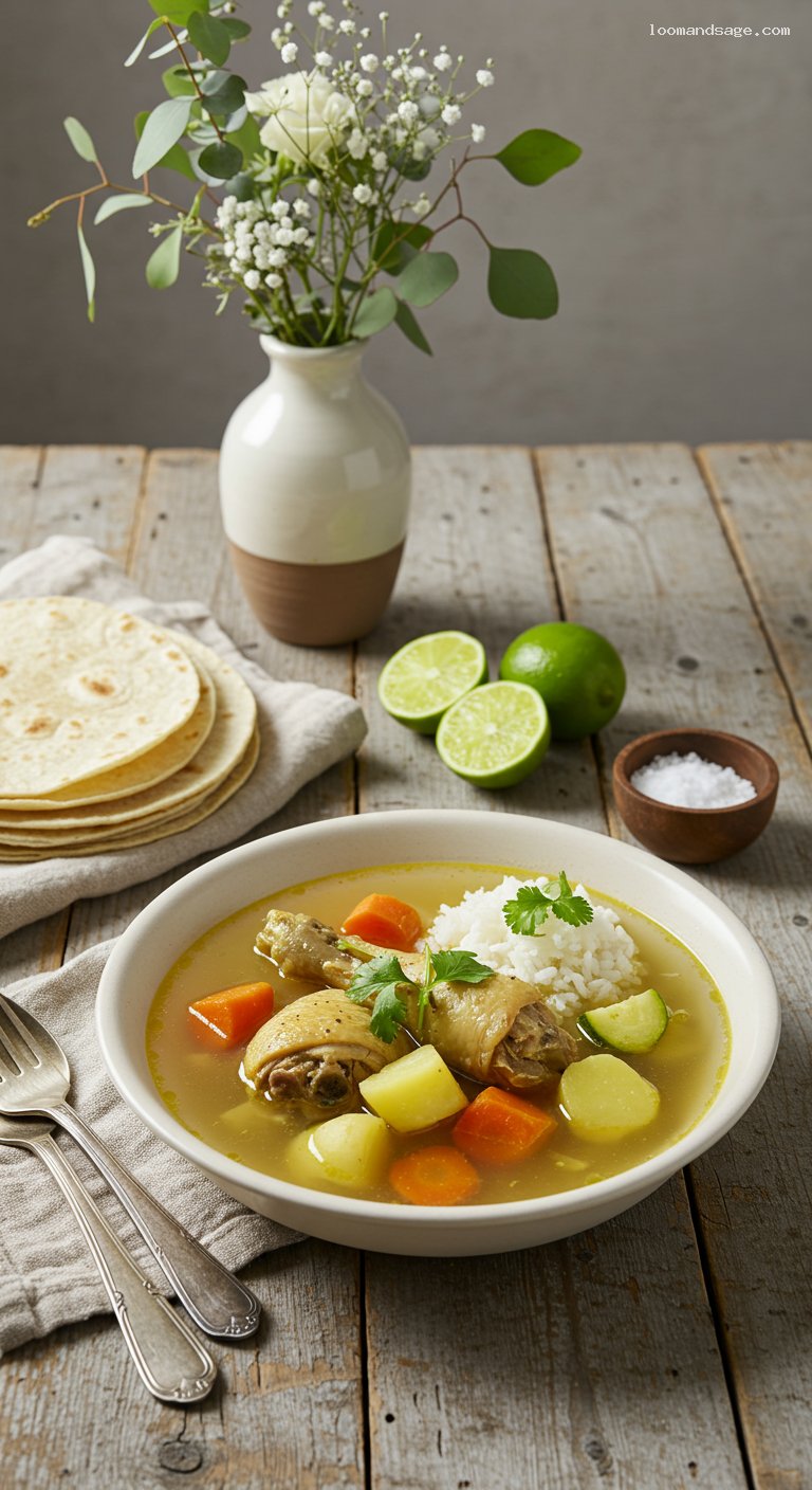 Homemade Caldo de Pollo with Rice and Tortillas