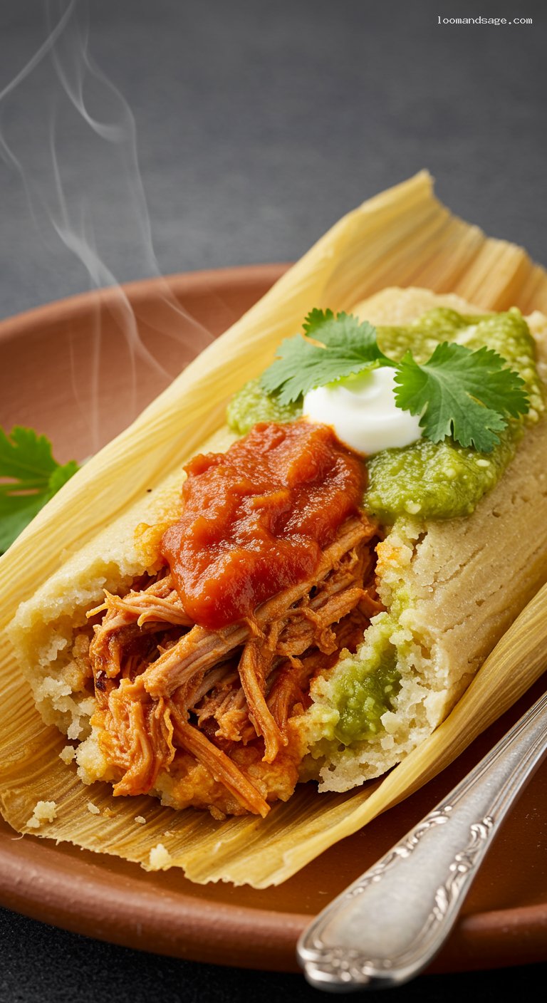 Homemade Tamales with Red Pork or Green Chicken – Closeup