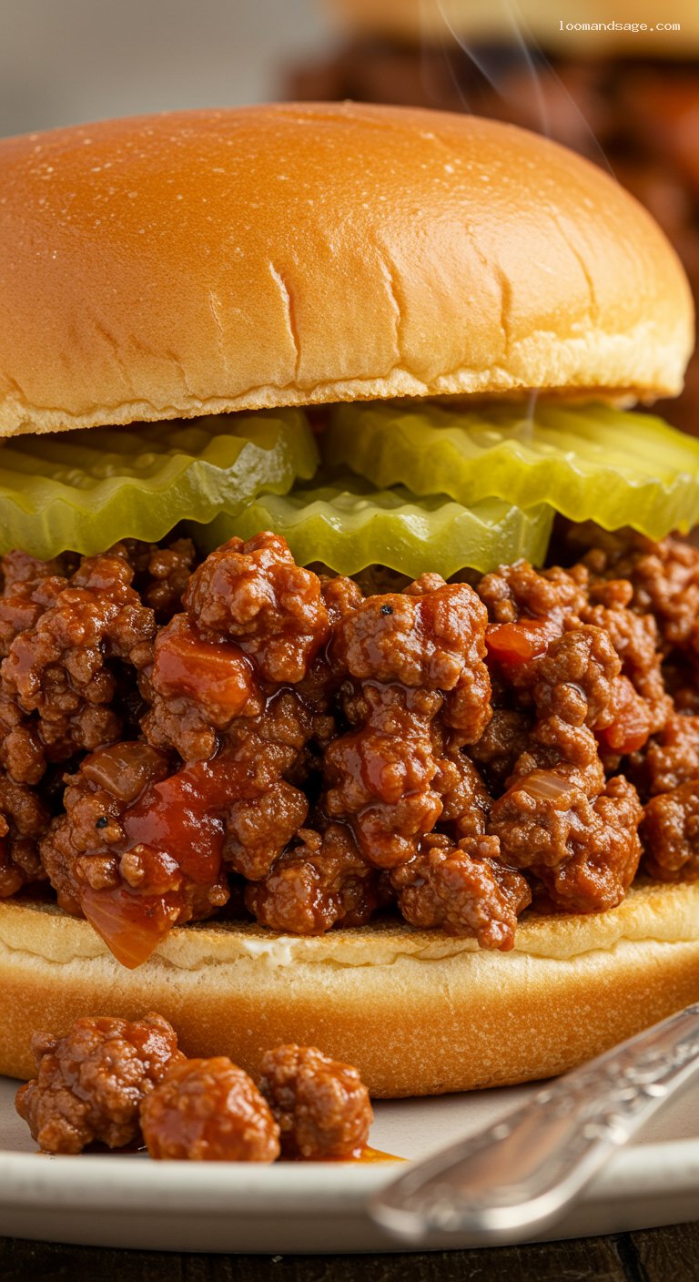 Homestyle Sloppy Joes with Tangy Pickles – Closeup