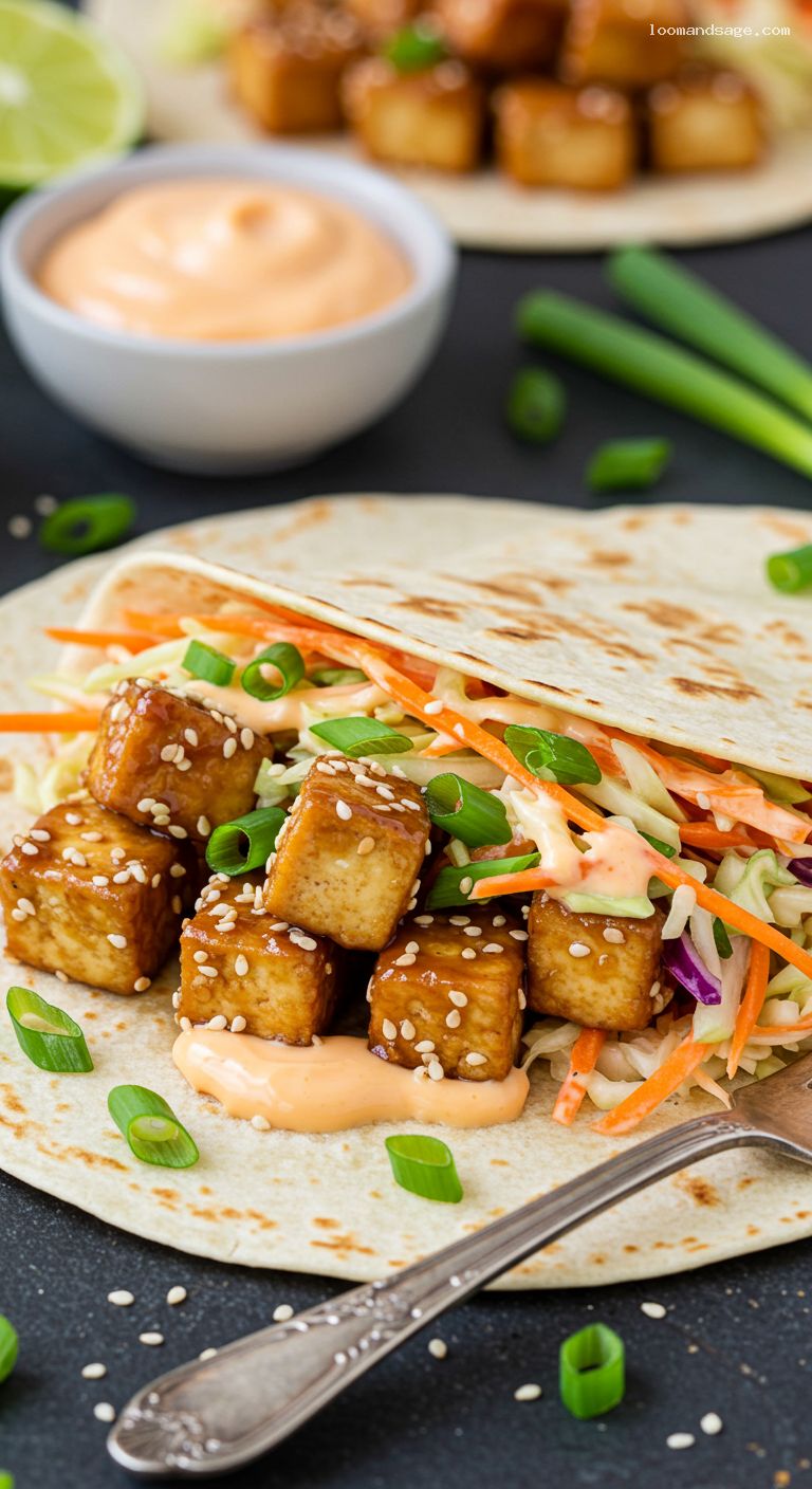 Honey-Soy Crispy Tofu Wraps with Sriracha Mayo – Closeup