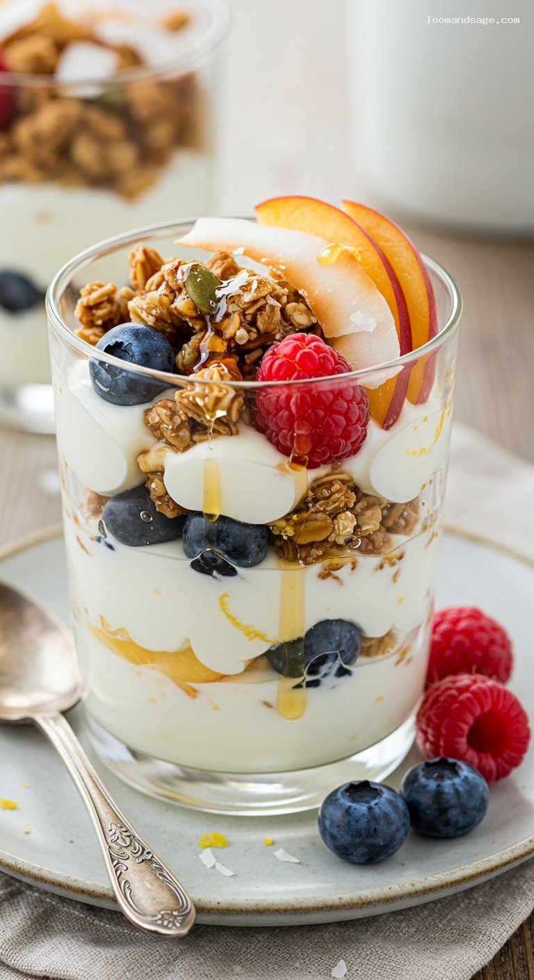 Honeyed Greek Yogurt Parfait with Berries and Coconut – Closeup