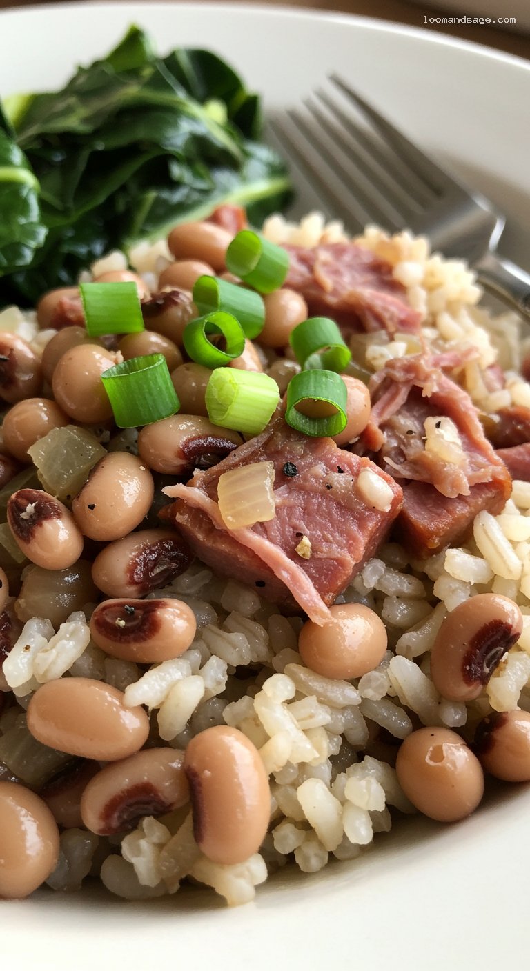 Hoppin’ John with Collard Greens and Pepper Vinegar – Closeup