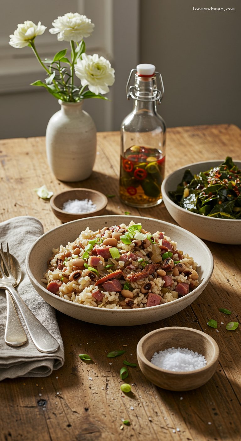 Hoppin’ John with Collard Greens and Pepper Vinegar