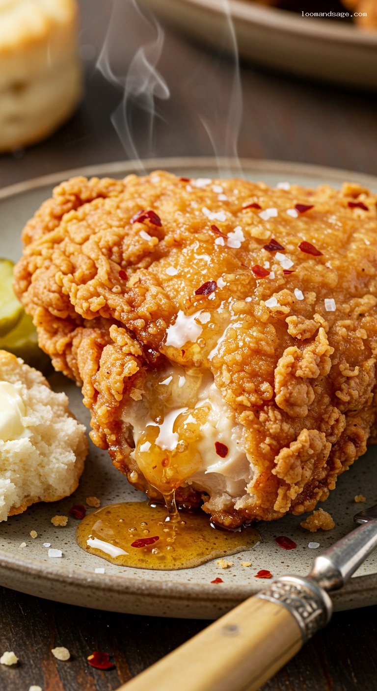 Hot Honey Buttermilk Fried Chicken with Biscuits – Closeup