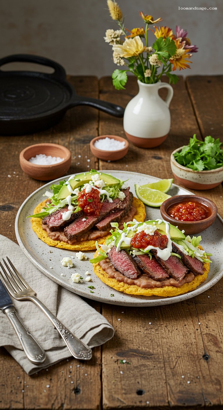 Huaraches con Bistec with Salsa Roja