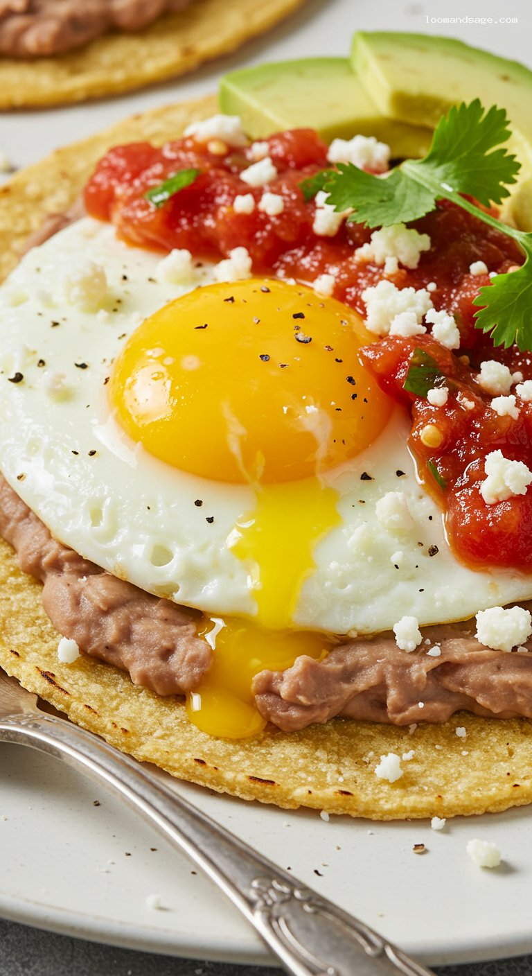 Huevos Rancheros with Refried Beans and Ranchero Salsa – Closeup