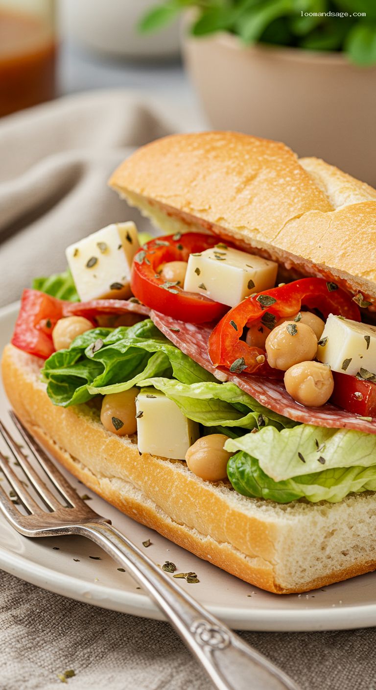 Italian Deli Chopped Salad Subs with Oregano Vinaigrette – Closeup