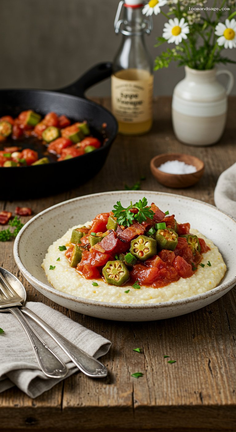 Jammy Okra and Tomatoes with Bacon over Grits