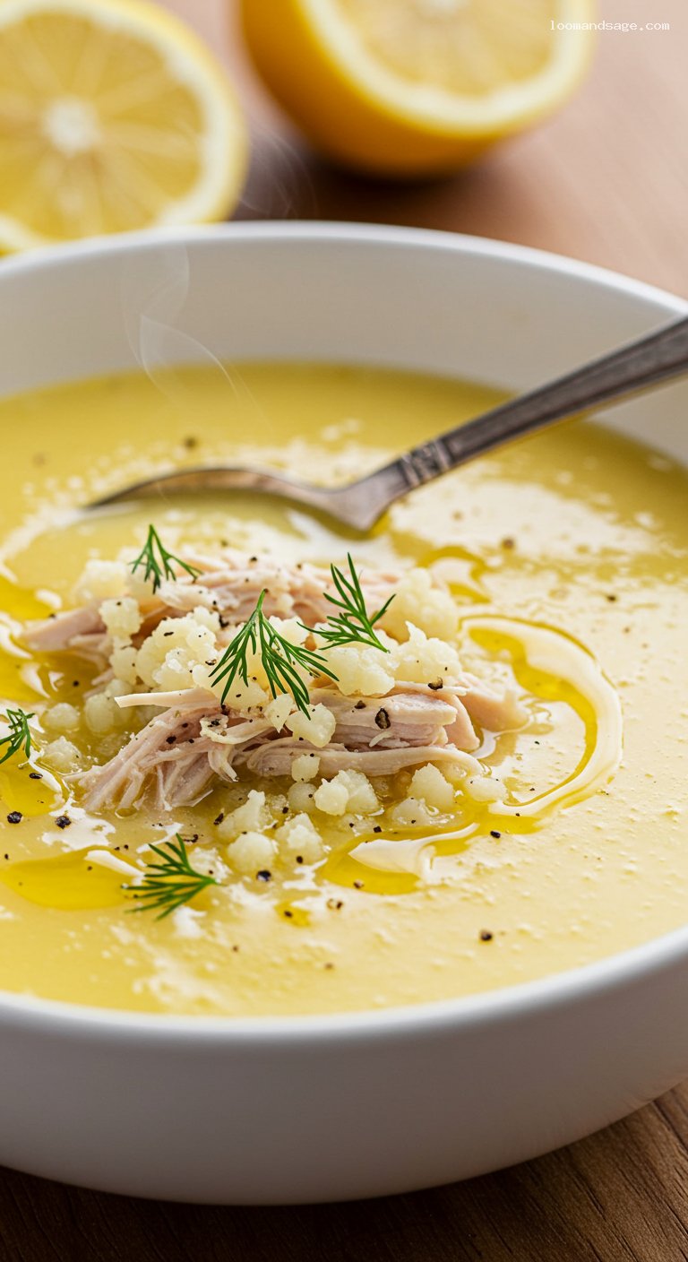 Keto Avgolemono Chicken Soup with Cauliflower Rice and Dill – Closeup