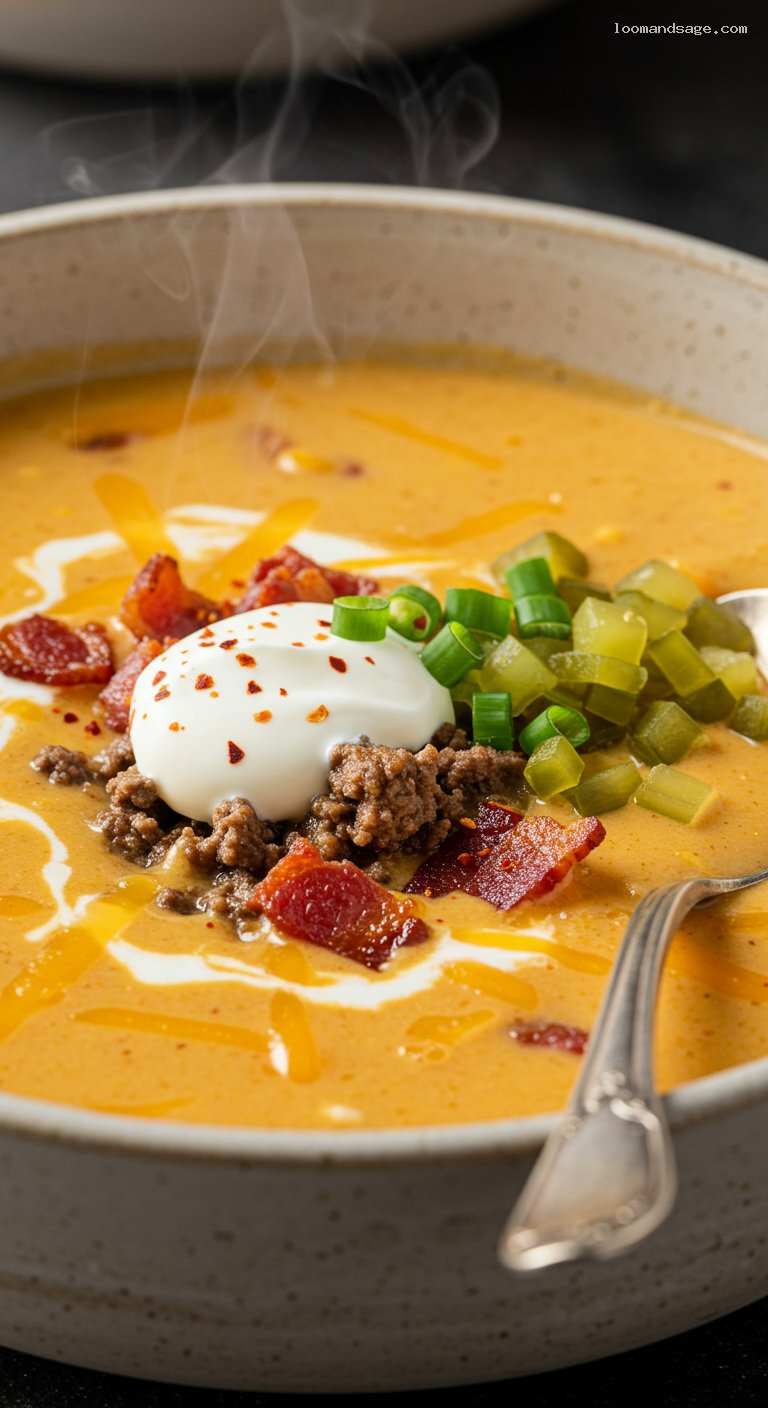 Keto Bacon Cheeseburger Soup with Creamy Cheddar and Pickles – Closeup
