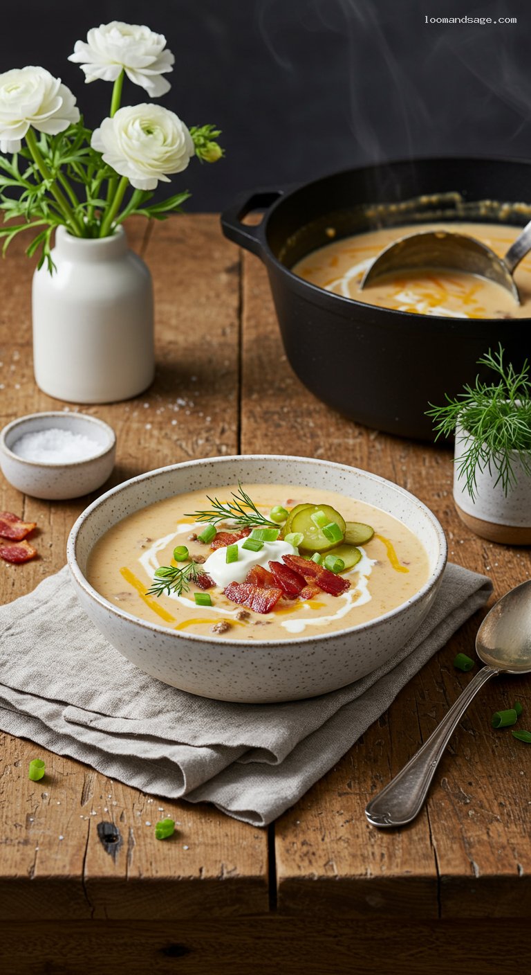 Keto Bacon Cheeseburger Soup with Creamy Cheddar and Pickles