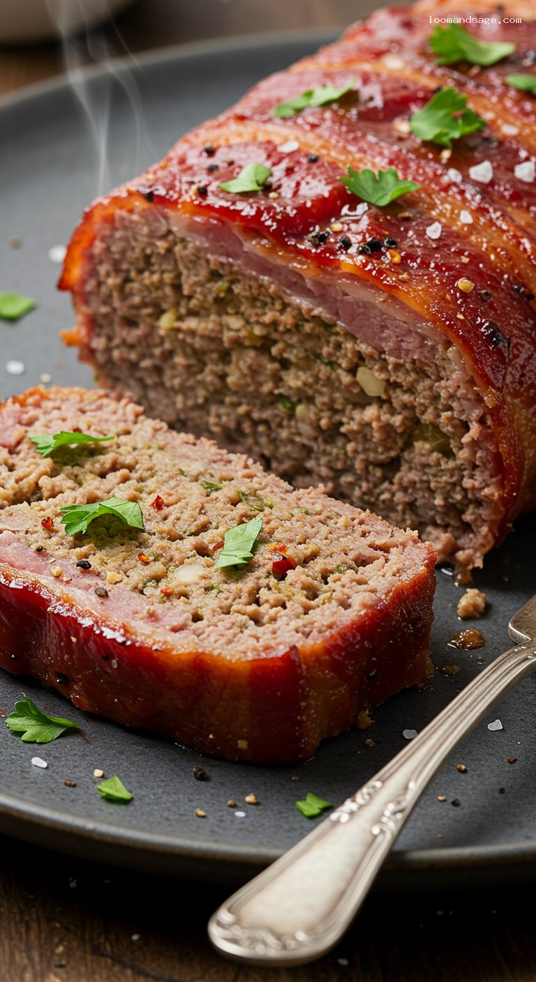 Keto Bacon-Wrapped Meatloaf with Almond Flour – Closeup