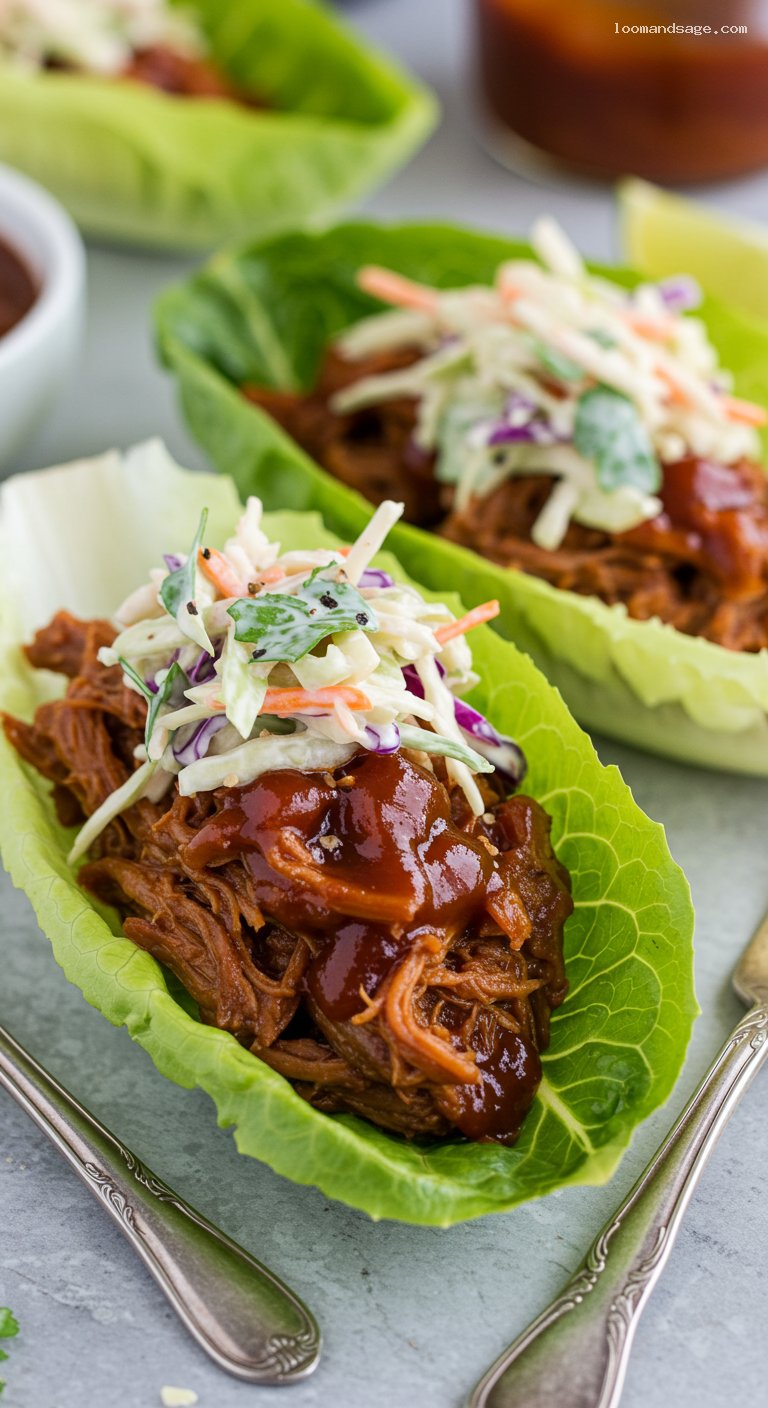 Keto BBQ Pulled Pork Lettuce Cups with Tangy Slaw – Closeup