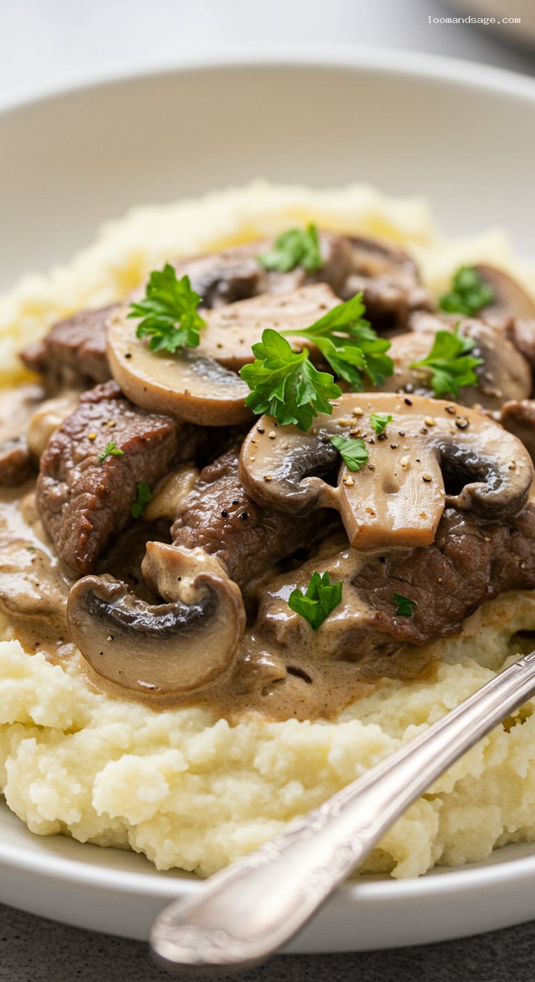 Keto Beef Stroganoff with Mushrooms and Sour Cream – Closeup