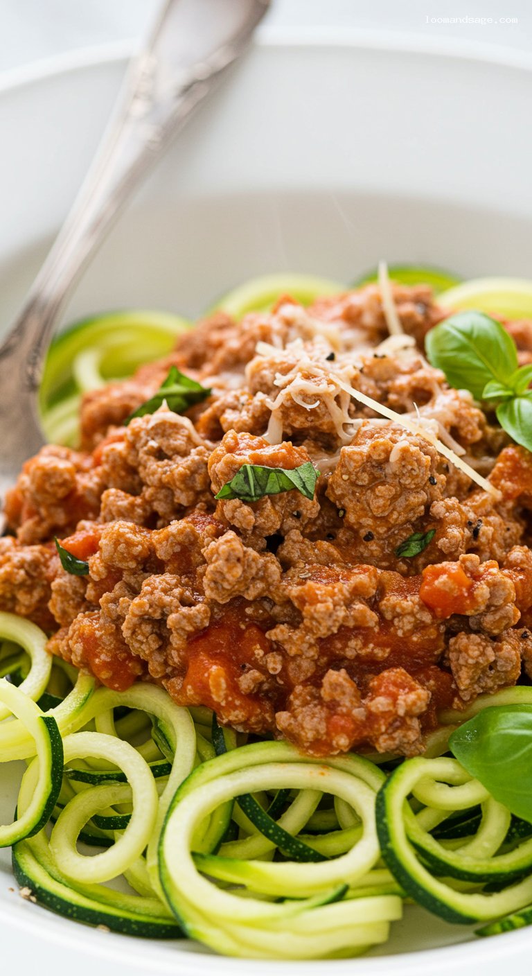 Keto Bolognese with Zoodles – Closeup