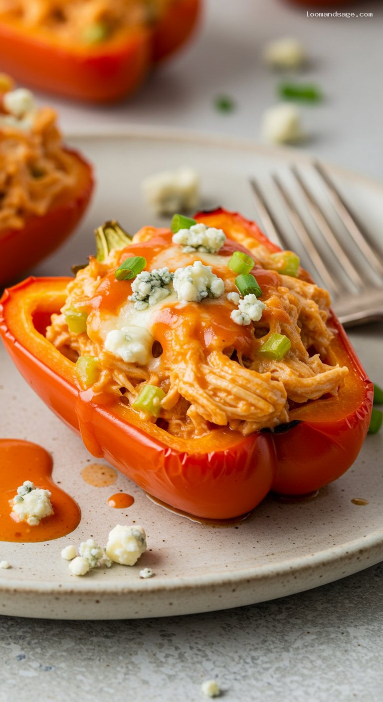 Keto Buffalo Chicken Stuffed Peppers – Closeup