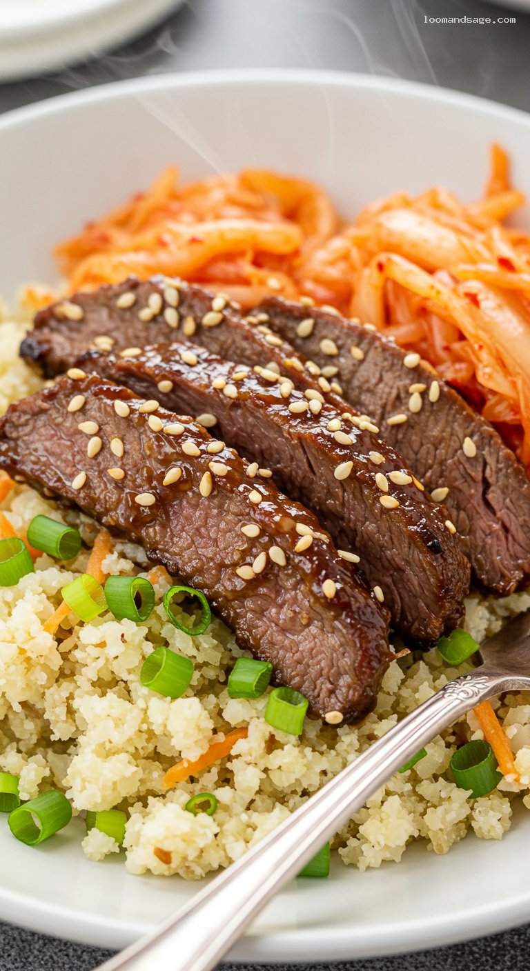 Keto Bulgogi Beef Bowls with Ginger-Scallion Cauliflower Rice – Closeup