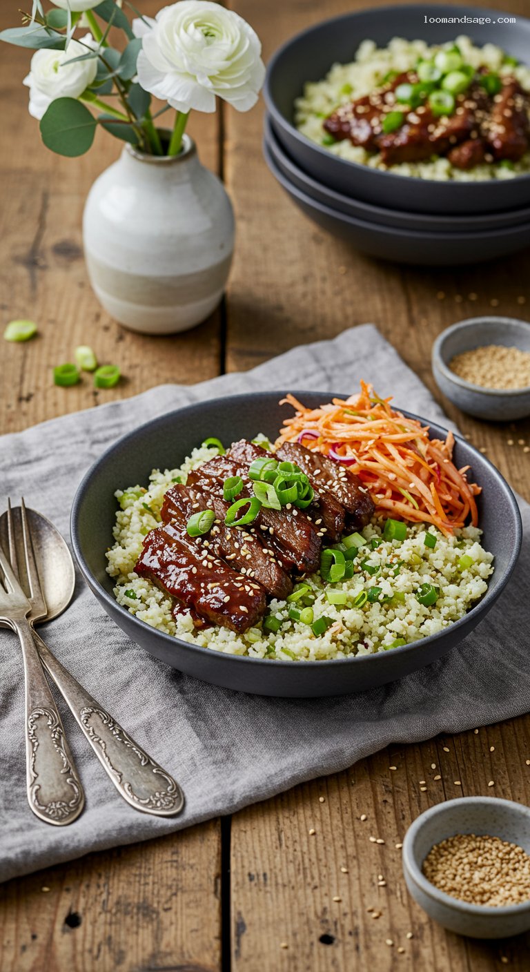 Keto Bulgogi Beef Bowls with Ginger-Scallion Cauliflower Rice