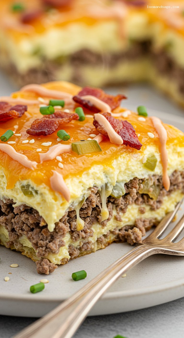Keto Bunless Bacon Cheeseburger Casserole with Special Sauce – Closeup