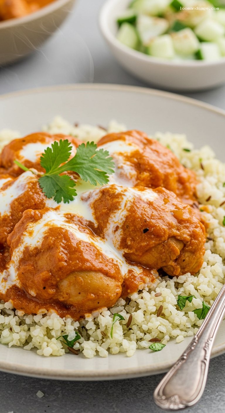 Keto Butter Chicken with Cauliflower Rice and Raita – Closeup